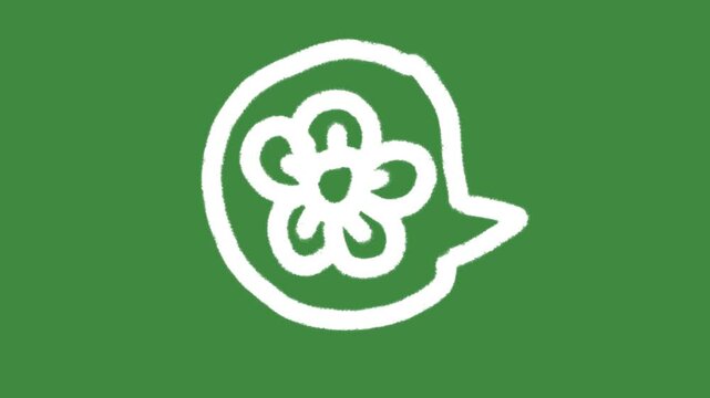 Flower speech bubble eco-friendly hand-drawn cartoon graphic with chalk outline blossom icon and creative sustainability communication notification isolated on green screen background.