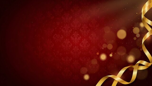 Elegant red damask patterned surface with a swirling golden ribbon and sparkling bokeh lights