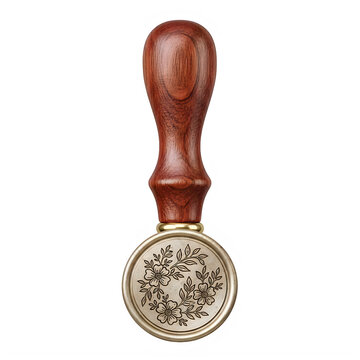 Vintage brass wax seal stamp with floral engraving on transparent background with polished wooden handle