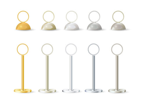 Metal card holder stand with clip for memo display on table. Blank sign template for business info, restaurant menu, or office desk presentation. Vector