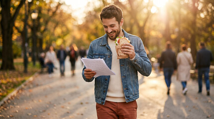 Fototapeta premium Man eating sandwich reading notes in park