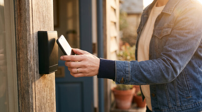 Woman tapping smartphone at card reader