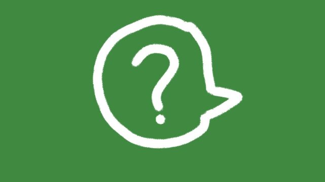 Question mark speech bubble hand-drawn cartoon graphic with chalk outline FAQ help symbol and creative query notification pin isolated on green screen background for critical thinking line art element