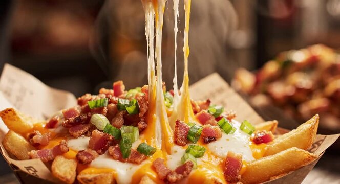 Golden fries topped with rich cheese and bacon create indulgent comfort food experience every bite