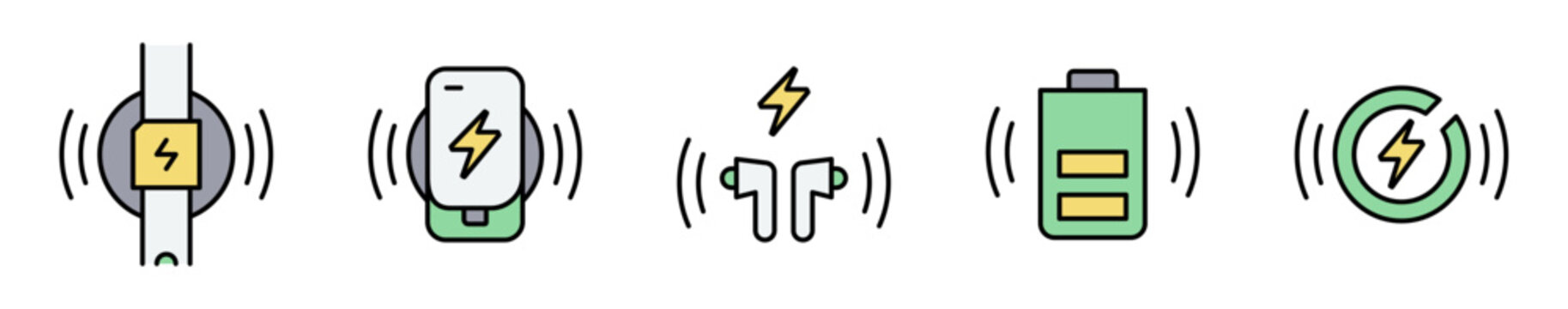 Conjunto de iconos de carga inal&aacute;mbrica. Representa energ&iacute;a para dispositivos. Incluye reloj inteligente, tel&eacute;fono, auriculares, bater&iacute;a y carga r&aacute;pida. Ilustraci&oacute;n vectorial
