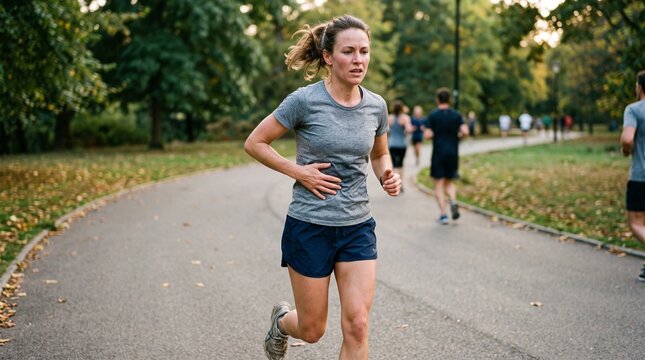 Woman running in park with hand on stomach experiencing discomfort during exercise