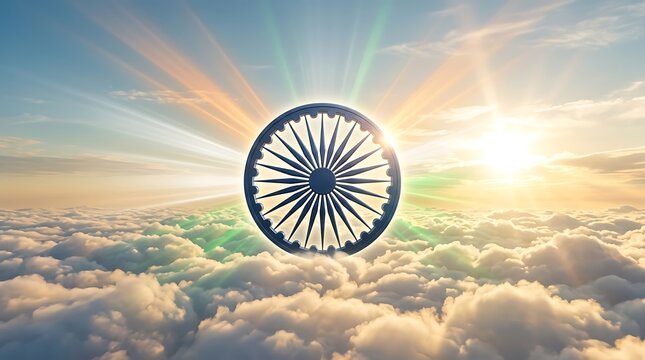 Traditional indian spoked wheel against blurred nature background