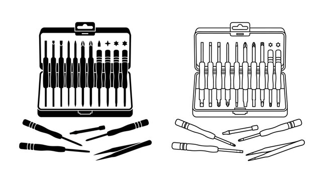 Screwdriver Set And Tweezers Black And White Silhouette Illustration