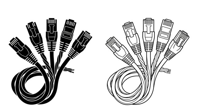 Computer Network Cables And Connectors Black And White Vector Illustration