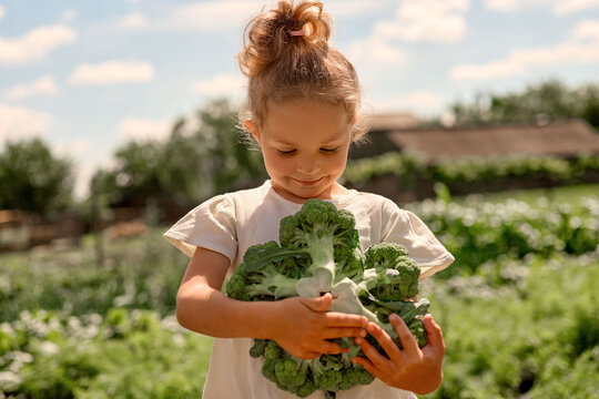 A child stands in a garden holding broccoli. The child looks happy while surrounded by green plants. It is daytime with a blue sky and a few clouds