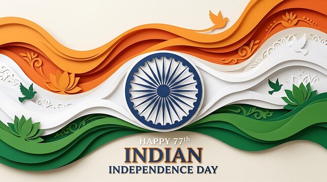 Happy indian independence day celebration with ashoka chakra and tricolor waves