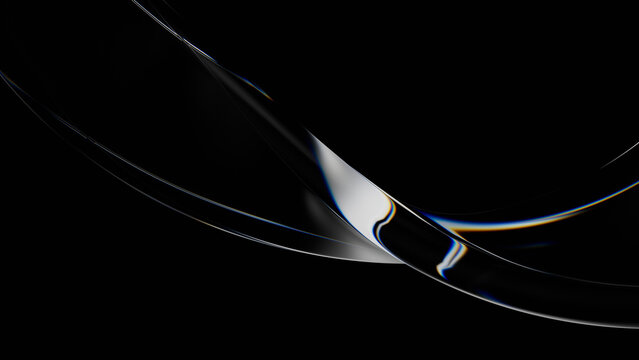 Abstract elegant glass wave with chromatic aberration, transparent twisting ribbon on black background with copy space. 3d rendering illustration not AI