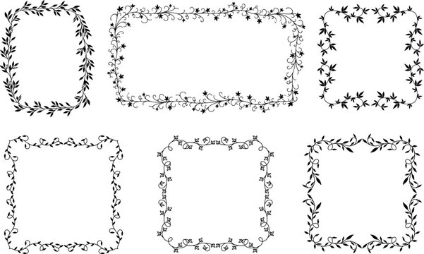 Decorative leafy vine frames in square and round shapes for borders Vector illustration
