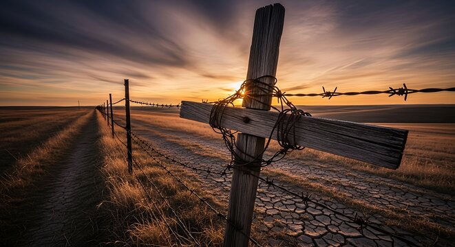 A weathered wooden cross stands beside a dirt road at sunset