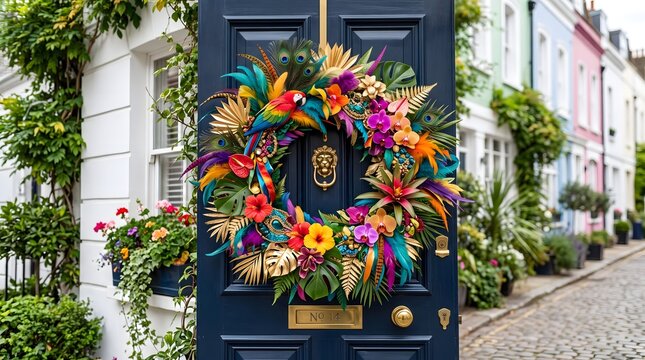 Festive dark blue door adorned with a vibrant floral wreath and peacock feathers in a London street