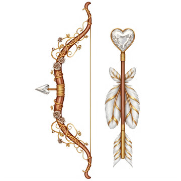 Ornate wooden bow and heart arrow set for romance on transparent background with golden roses alongside