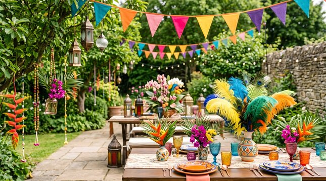 Festive outdoor garden party setup with colorful bunting flags and vibrant tropical flower arrangements