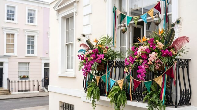 Festive street scene with colorful floral window box display and bunting flags on a london townhouse
