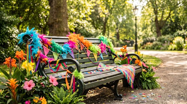 Festively decorated park bench with colorful ribbons feathers and flowers for a joyful celebration