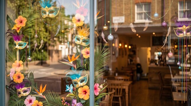 Colorful mardi gras masks and tropical flowers decorate a storefront window with a blurred street view