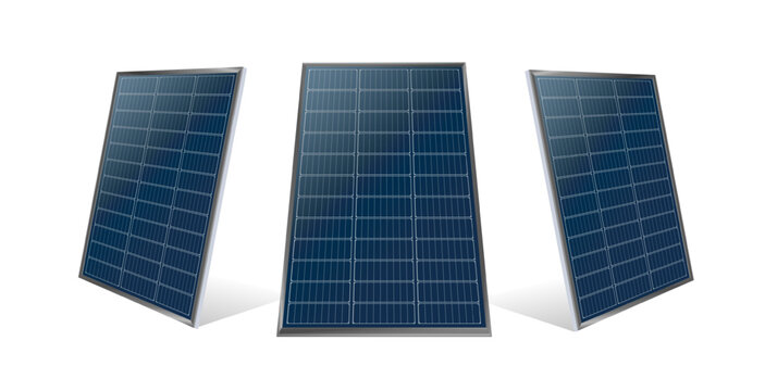 Realistic 3D solar panel energy photovoltaic module on transparent background, detailed cell structure with blue texture, perfect for renewable power projects and sustainable technology designs.