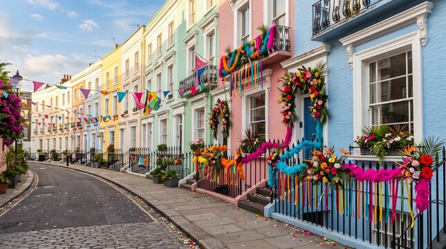 Colorful row houses decorated with festive floral arrangements and bunting flags line a charming london street scene