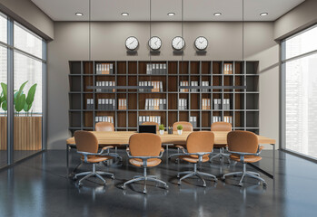 Naklejka premium Modern conference room interior design with table, chairs and shelving in realistic graphic style on bright office background, concept of workspace, 3D Rendering