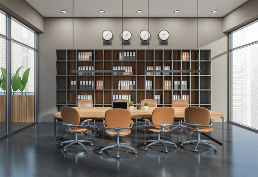 Modern conference room interior design with table, chairs and shelving in realistic graphic style on bright office background, concept of workspace, 3D Rendering