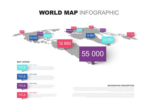 World Map Infographic Template with Colorful Pin Data Markers