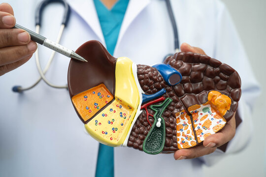 Cirrhosis, Liver cancer, fatty liver, Asian doctor with liver human anatomy model in World Hepatitis Day at hospital.