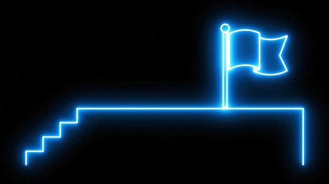 Blue neon glowing steps rising to a horizontal line on black background