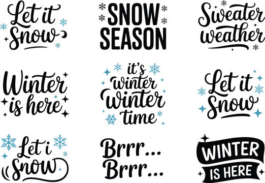 A collection of winter phrases and words in various fonts and designs on a white background