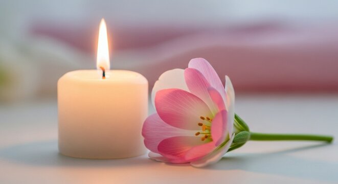 A close-up shot of a single white pillar candle burning next to a delicate pink flower on a soft blurred background.