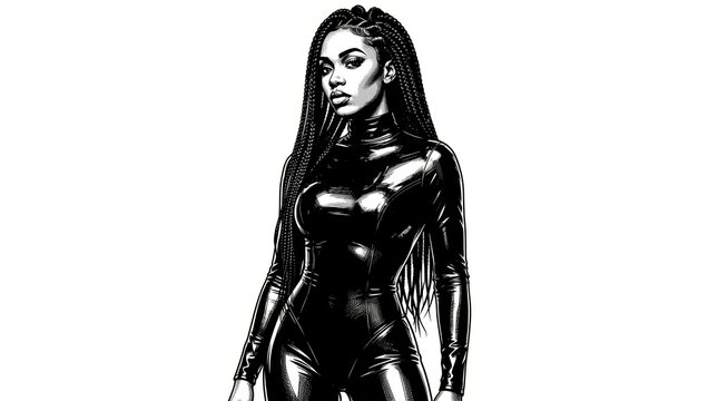 Black and White Scratchboard Illustration of Confident Woman with Long Braids in Glossy High-Neck Bodysuit &ndash; Fashion Portrait