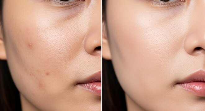 Asian Woman Skin Before and After Acne Spot Treatment Split Screen