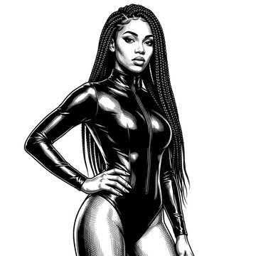 Black and White Scratchboard Illustration of Confident Woman with Long Braids in Glossy High-Neck Bodysuit &ndash; Fashion Portrait