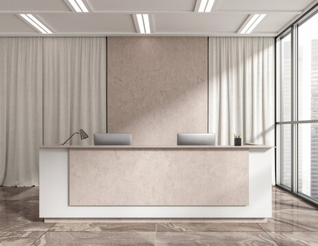 A modern reception desk in neutral tones, realistic style, on a bright interior background, presenting a concept of professionalism. 3D Rendering