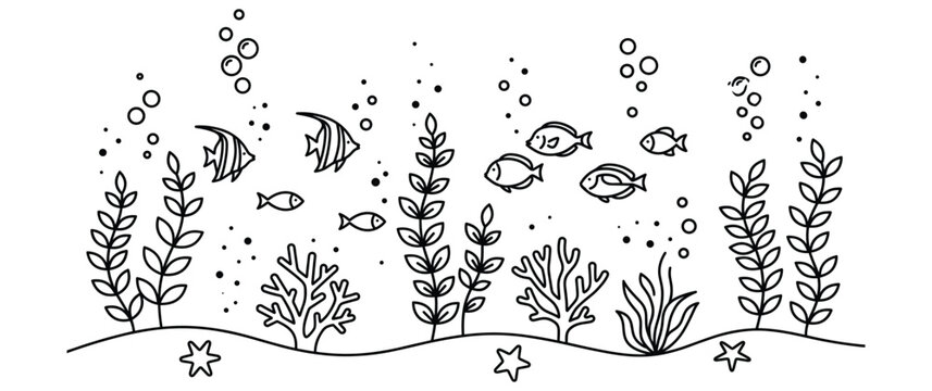 Underwater ocean scene with tropical fishes corals and sea plants vector illustration set.