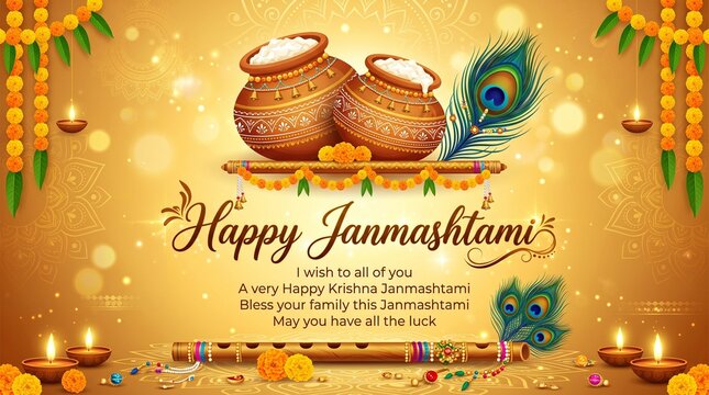 Celebrating happy Janmashtami festival of India with illustration of Lord Krishna playing bansuri (flute) and dahi handi competition with text in Hindi meaning 'Krishan Janmashtami'- vector background