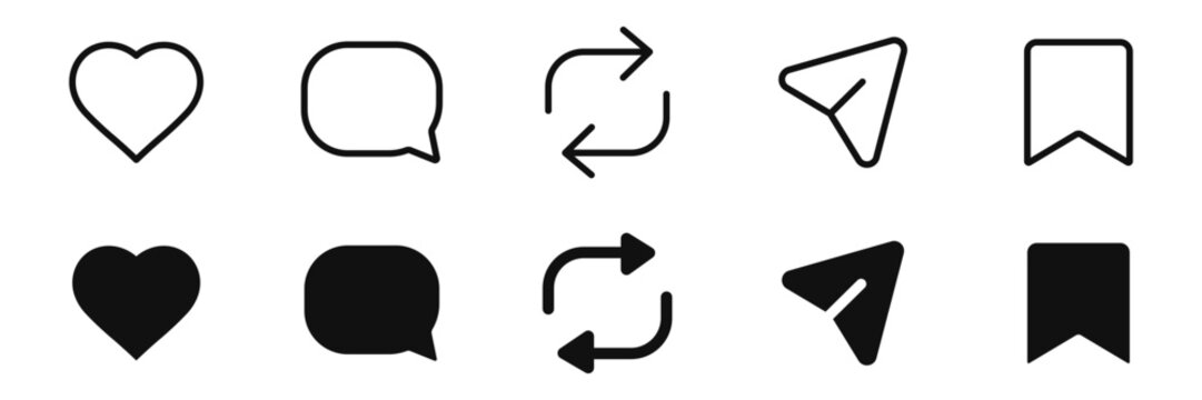 minimalist social media interaction line and solid outline icons set featuring heart like comment bubble share paper plane and bookmark save button graphic elements.