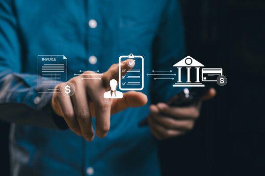 Financial manager optimizing payment processes via virtual interface, accounts payable automation, secure banking transactions, digital finance transformation, and modern ERP solutions