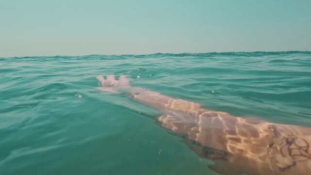 V&iacute;deo en primera persona de una persona nadando en el mar, con una pierna parcialmente sumergida en agua turquesa y horizonte abierto al fondo. La escena transmite verano, libertad, actividad acu&aacute;tica