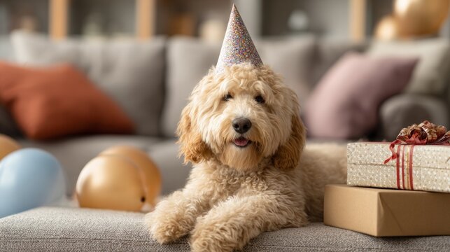 Golden doodle dog wearing birthday hat sitting on sofa with gift. Celebration for pet party at home. Cute furry companion waiting for present. Domestic animal festive atmosphere.