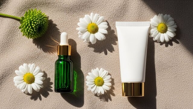 Natural Skincare Cosmetics Flat Lay with Chamomile Flowers