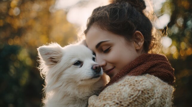 Young woman hugging a small white dog in autumn park. Gentle care and affection between pet and owner in nature. Concept of friendship, love and loyalty. Lifestyle portrait in fall warmth.