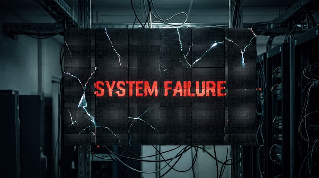 Cracked led display showing system failure message in a server room, symbolizing data loss and network error