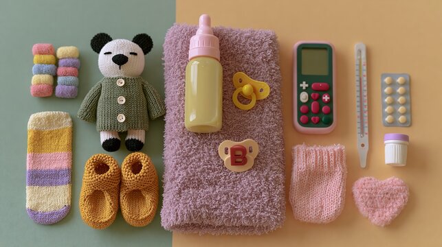 Overhead View of Infant Essentials and Medical Supplies