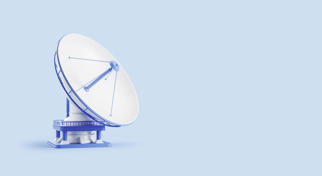 Satellite dish antenna in smooth minimal style on light blue background, concept of communication technology and global connectivity, 3D Rendering