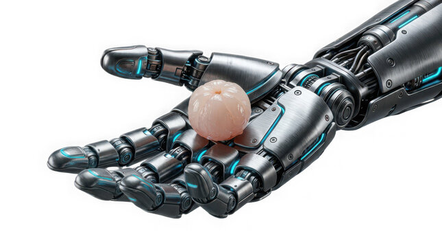 Futuristic robotic hand holding a delicate pink object on transparent background with organic sphere transparent mechanical metal hand accents holding small with glowing blue accents
