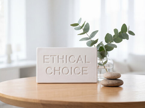 White block displaying ethical choice text, accompanied by eucalyptus leaves in a vase and zen balancing stones